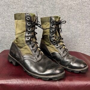 Vintage US Military Jungle Boots Black Leather Olive Drab Canvas Panama Sole 8 W